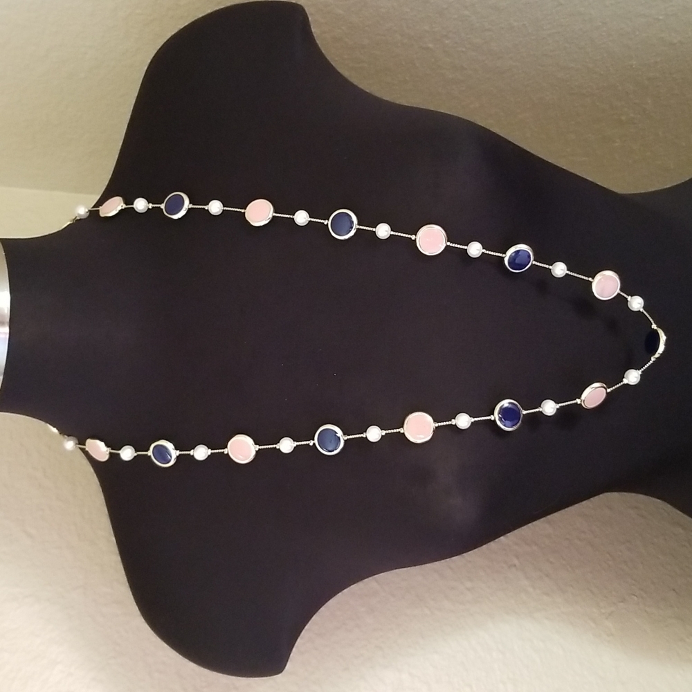 Charming Charlie Gold Pearl Pink Blue Round Faceted Necklace